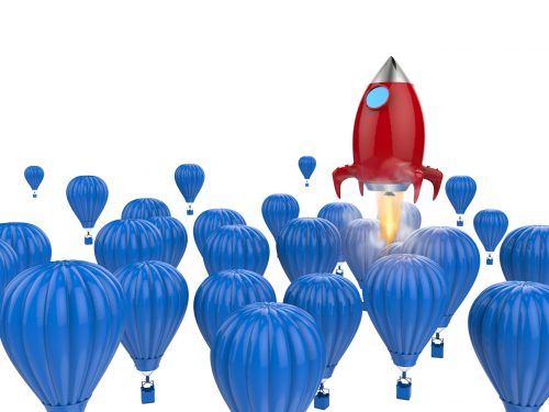 leadership concept with 3d rendering red rocket above blue hot air balloons